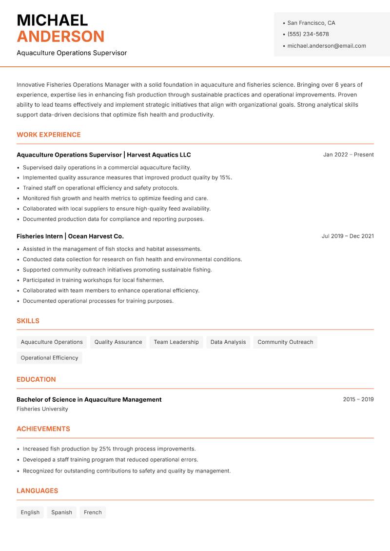 Fisheries Operations Manager resume template — Modern Professional