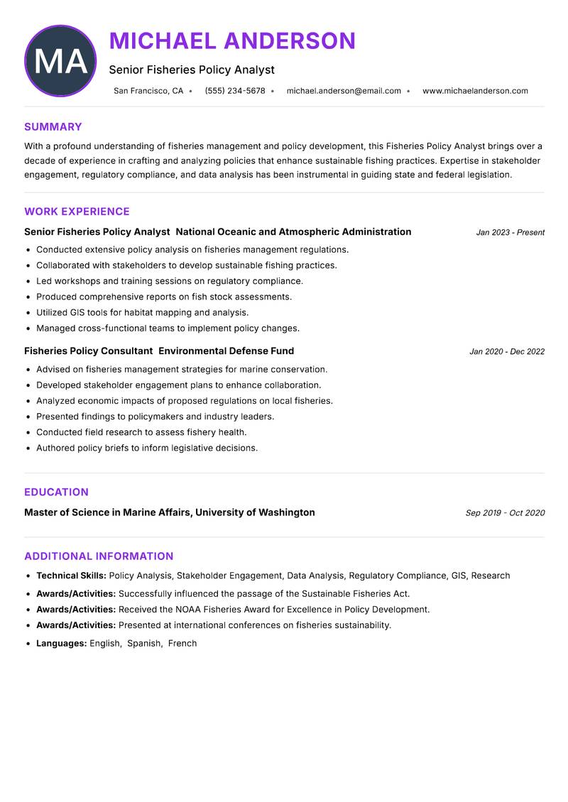 Fisheries Policy Analyst resume example — ATS-friendly template
