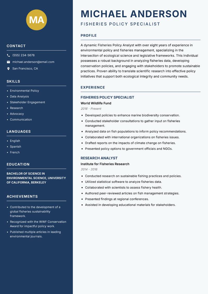 Fisheries Policy Analyst resume template — Classic Clean