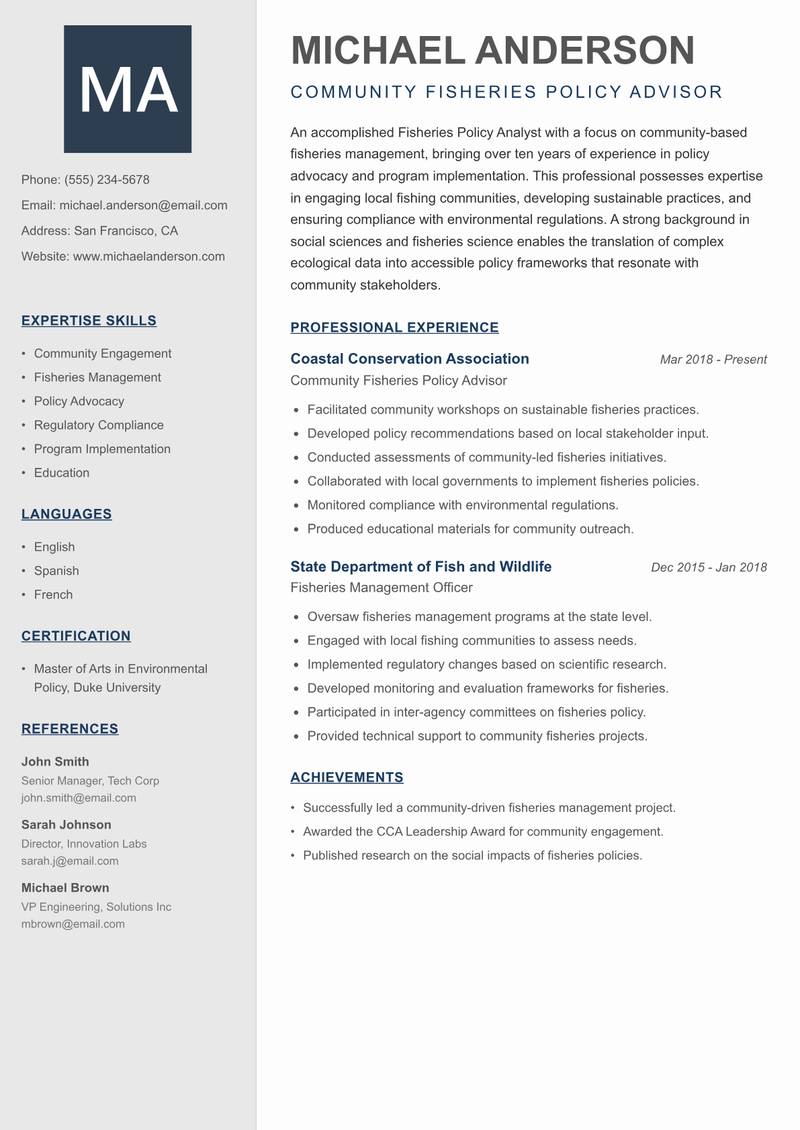 Fisheries Policy Analyst resume template — Creative Minimal