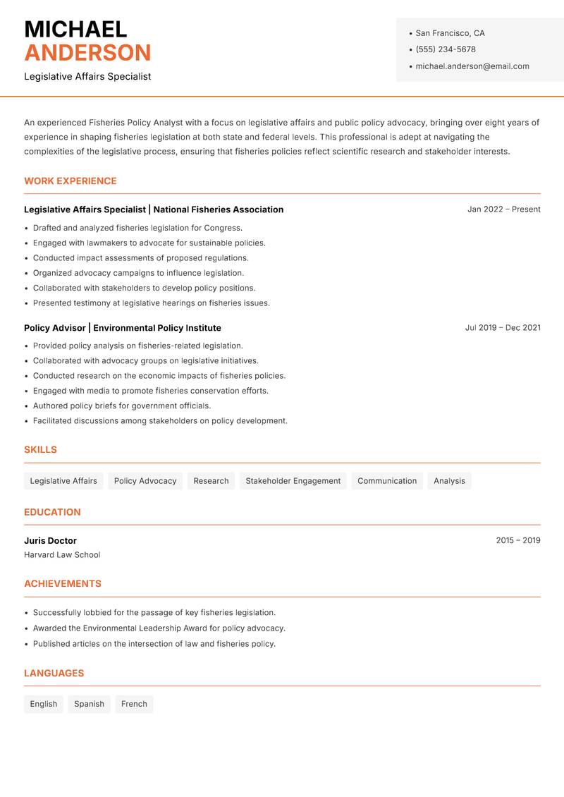 Fisheries Policy Analyst resume template — Modern Professional