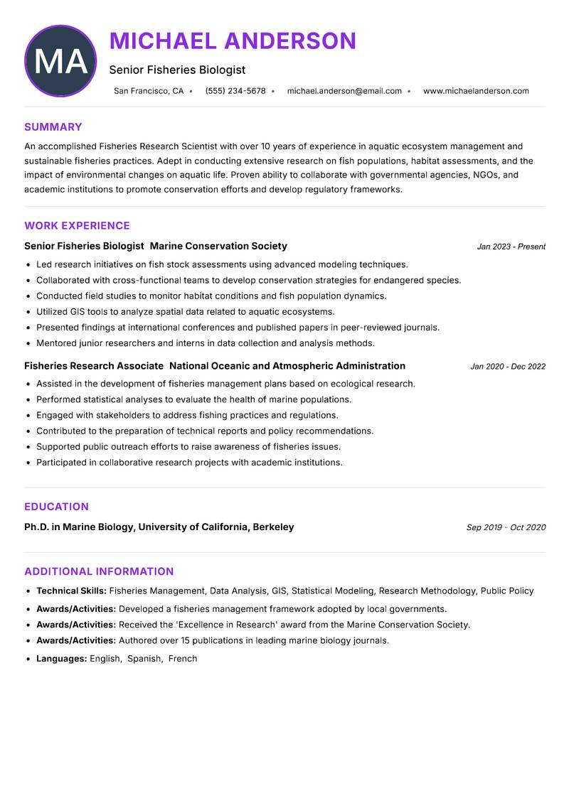 Fisheries Research Scientist resume example — ATS-friendly template