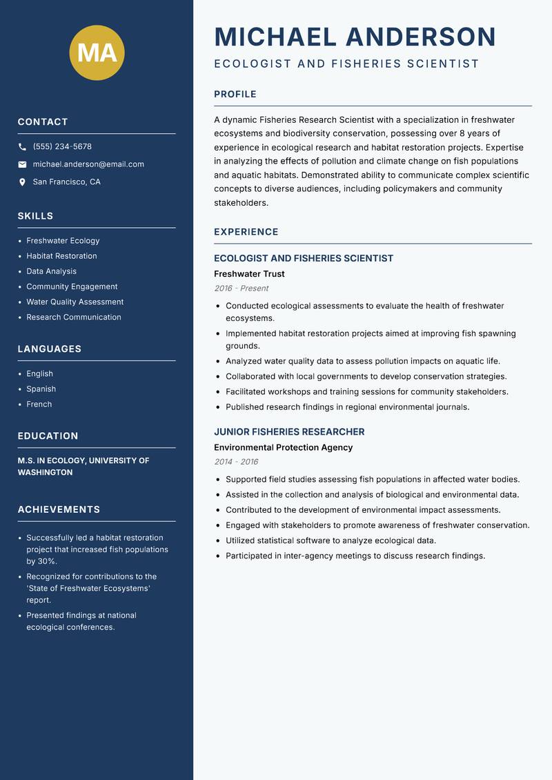 Fisheries Research Scientist resume template — Classic Clean