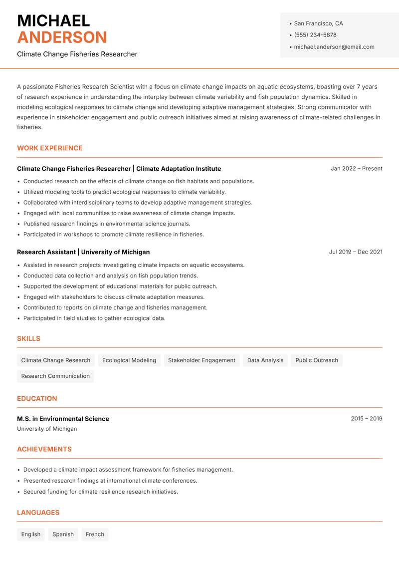 Fisheries Research Scientist resume template — Modern Professional