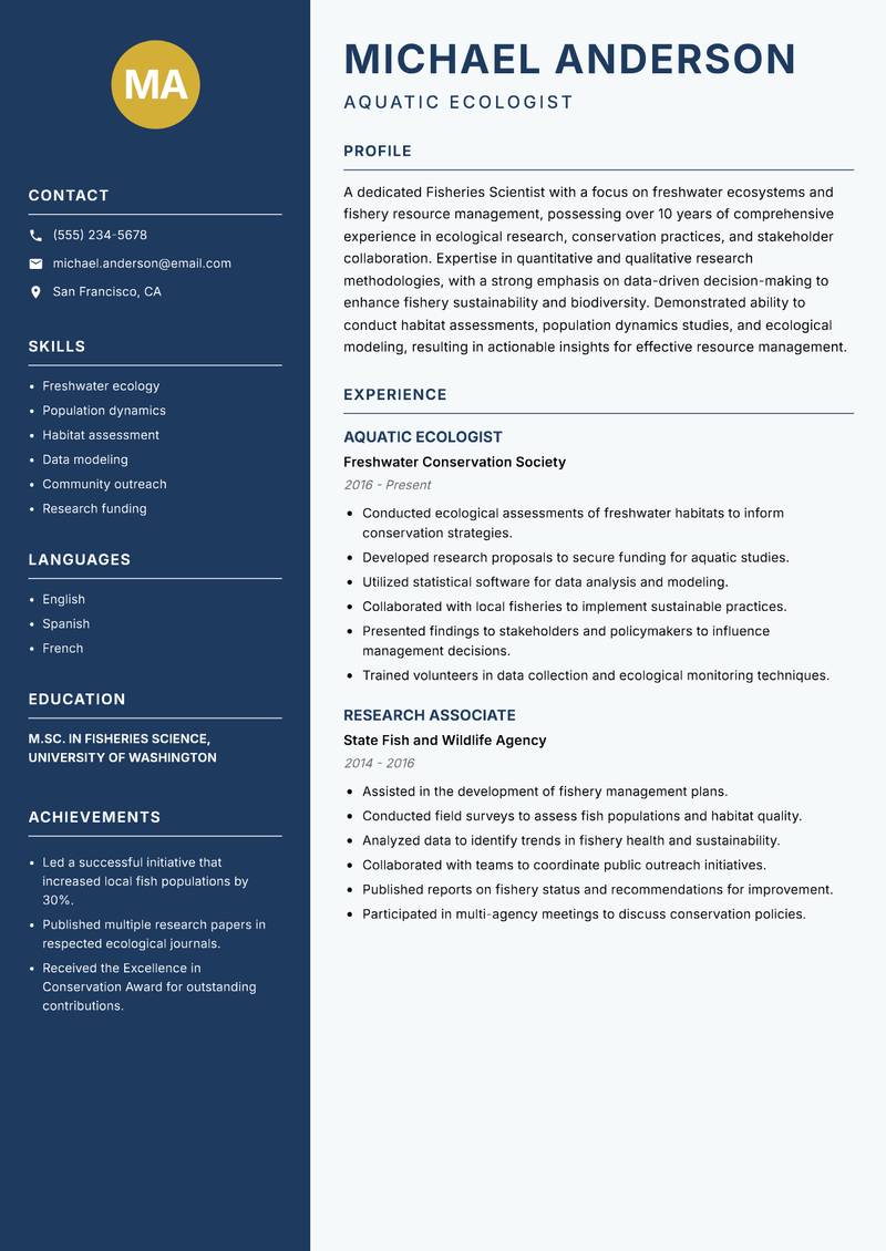 Fisheries Scientist resume template — Classic Clean