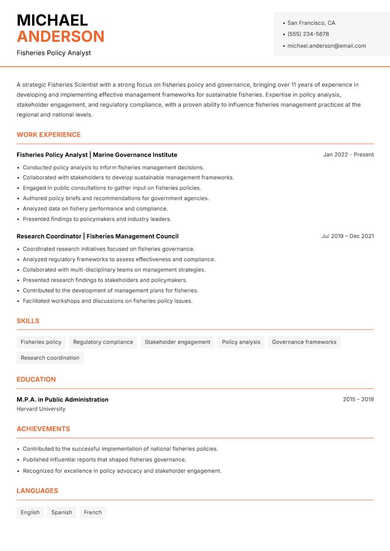 Fisheries Scientist resume template — Modern Professional