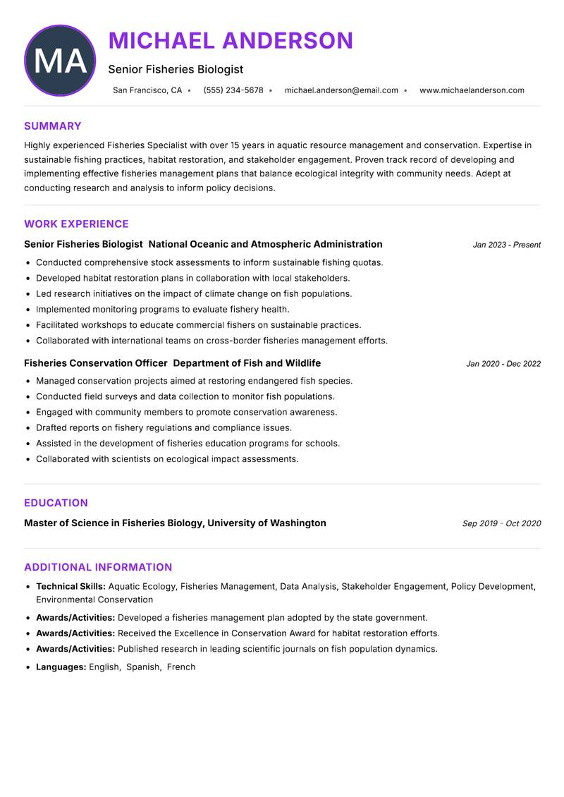 Fisheries Specialist resume example — ATS-friendly template