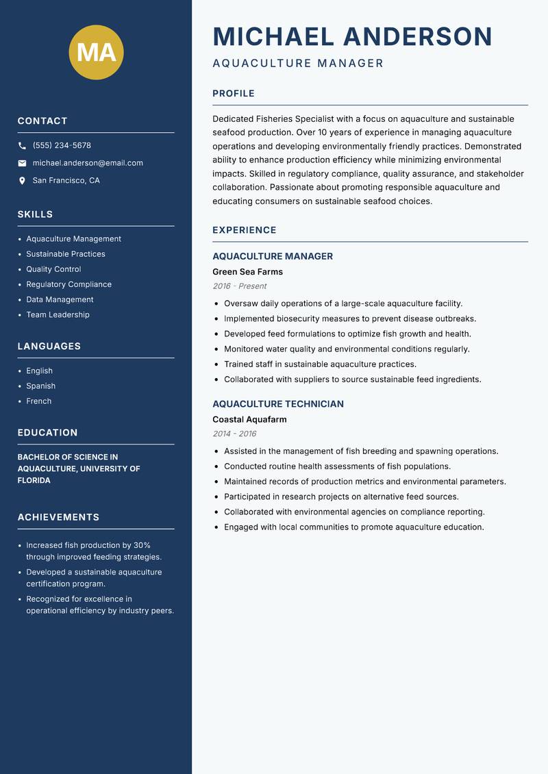 Fisheries Specialist resume template — Classic Clean
