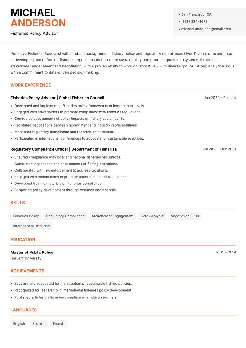 Fisheries Specialist resume template — Modern Professional