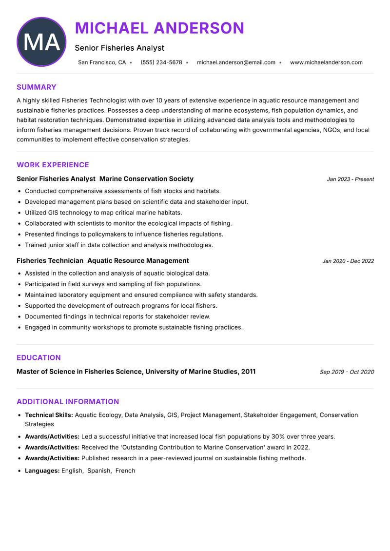 Fisheries Technologist resume example — ATS-friendly template
