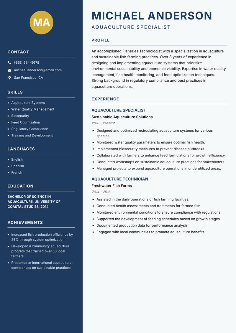 Fisheries Technologist resume template — Classic Clean