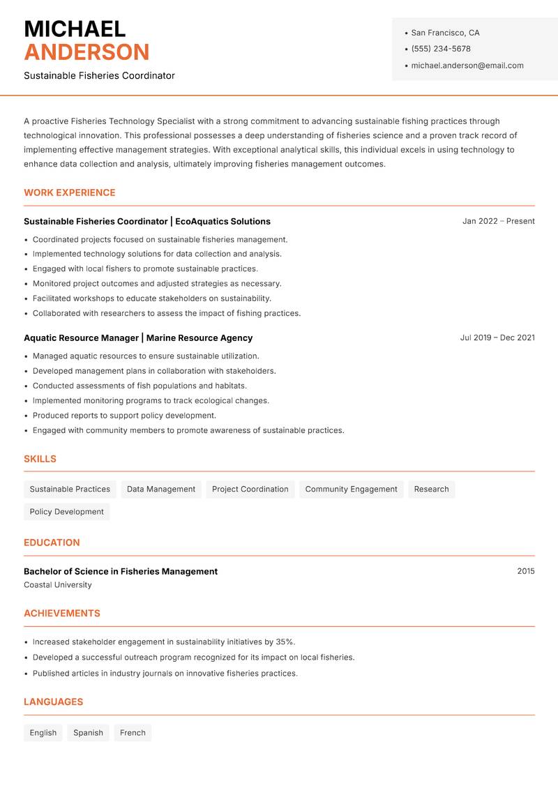 Fisheries Technology Specialist resume template — Modern Professional