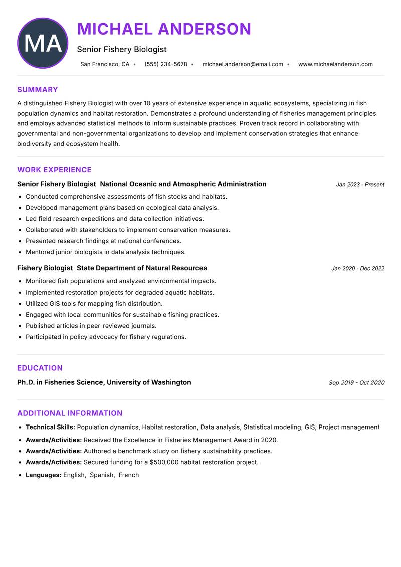Fishery Biologist resume example — ATS-friendly template