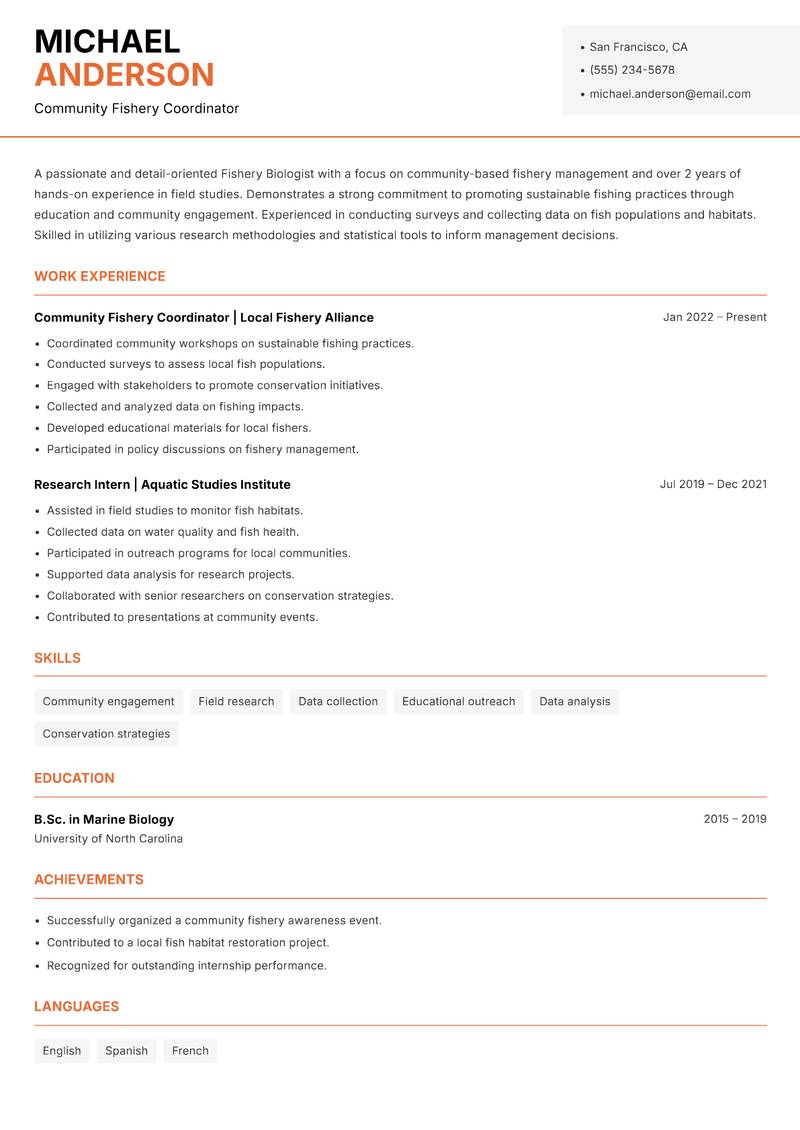 Fishery Biologist resume template — Modern Professional