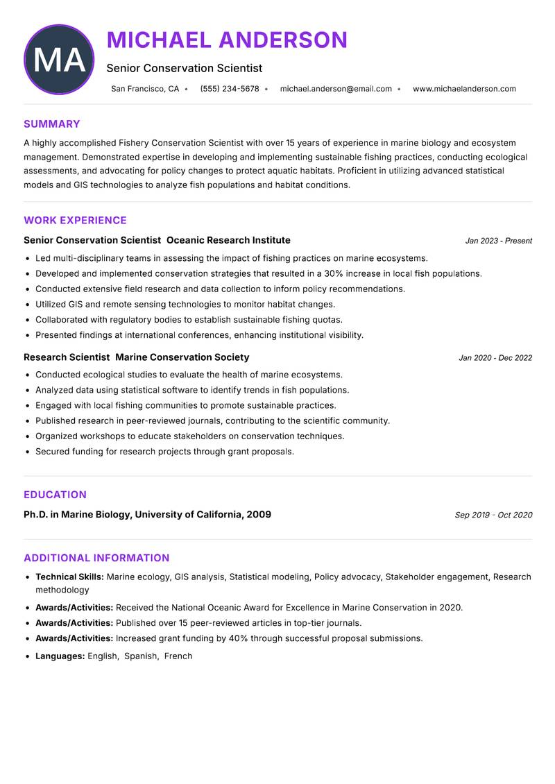 Fishery Conservation Scientist resume example — ATS-friendly template