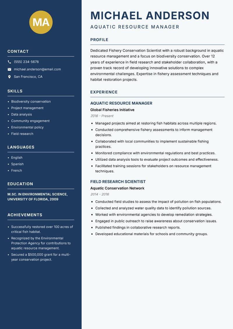 Fishery Conservation Scientist resume template — Classic Clean