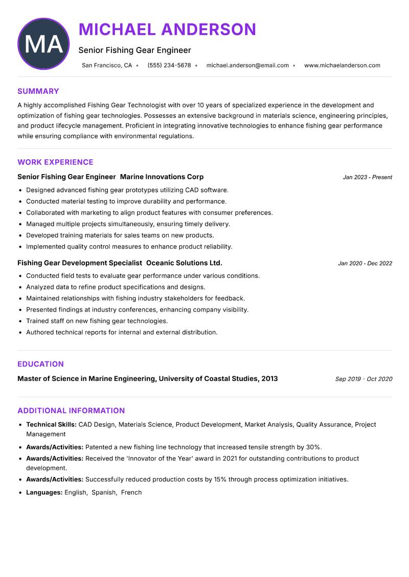Fishing Gear Technologist resume example — ATS-friendly template