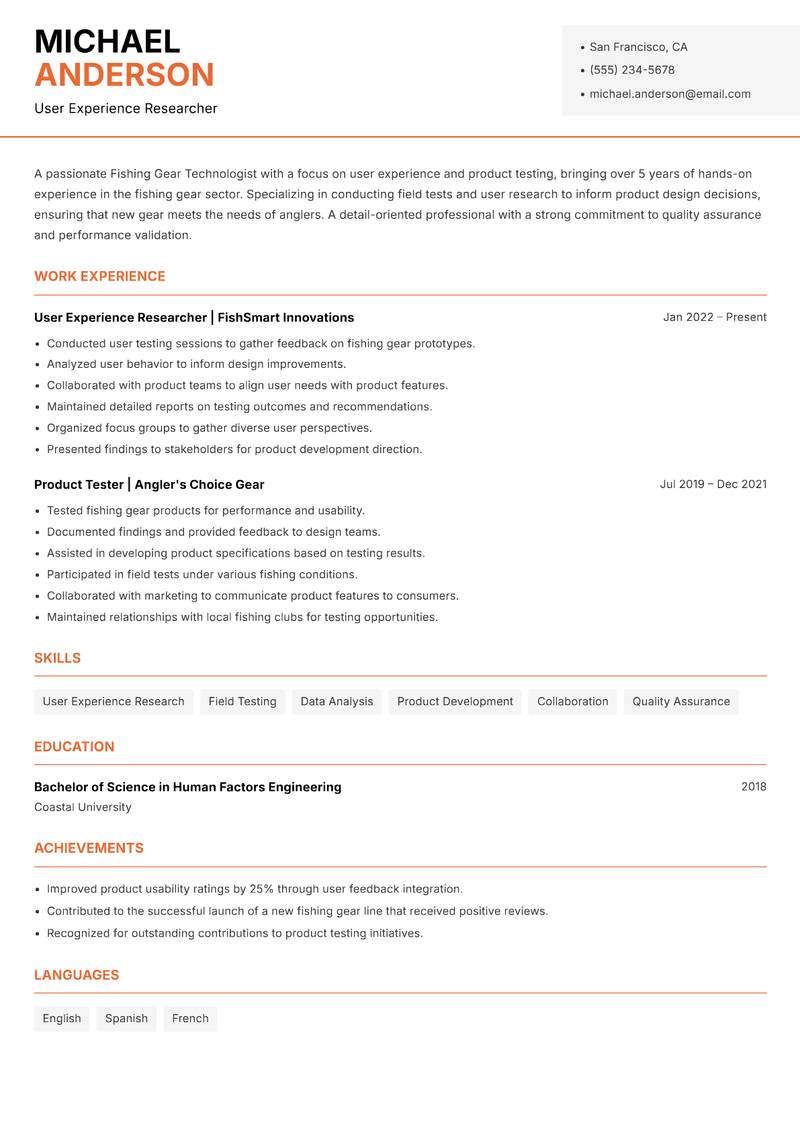 Fishing Gear Technologist resume template — Modern Professional