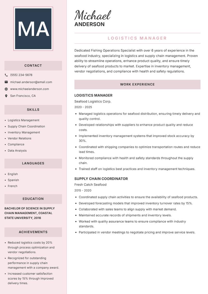 Fishing Operations Specialist resume template — Executive