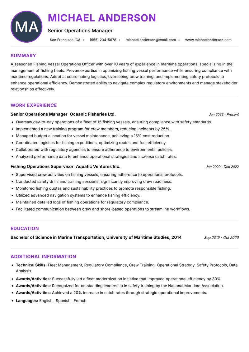 Fishing Vessel Operations Officer resume example — ATS-friendly template