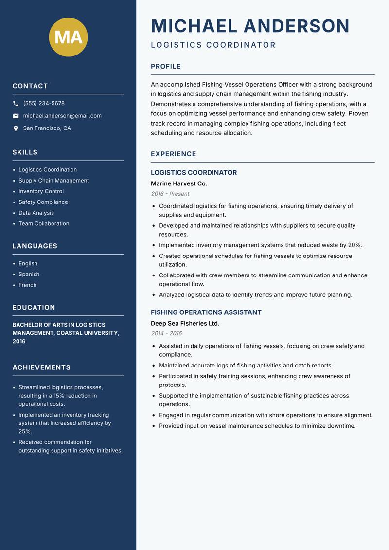 Fishing Vessel Operations Officer resume template — Classic Clean