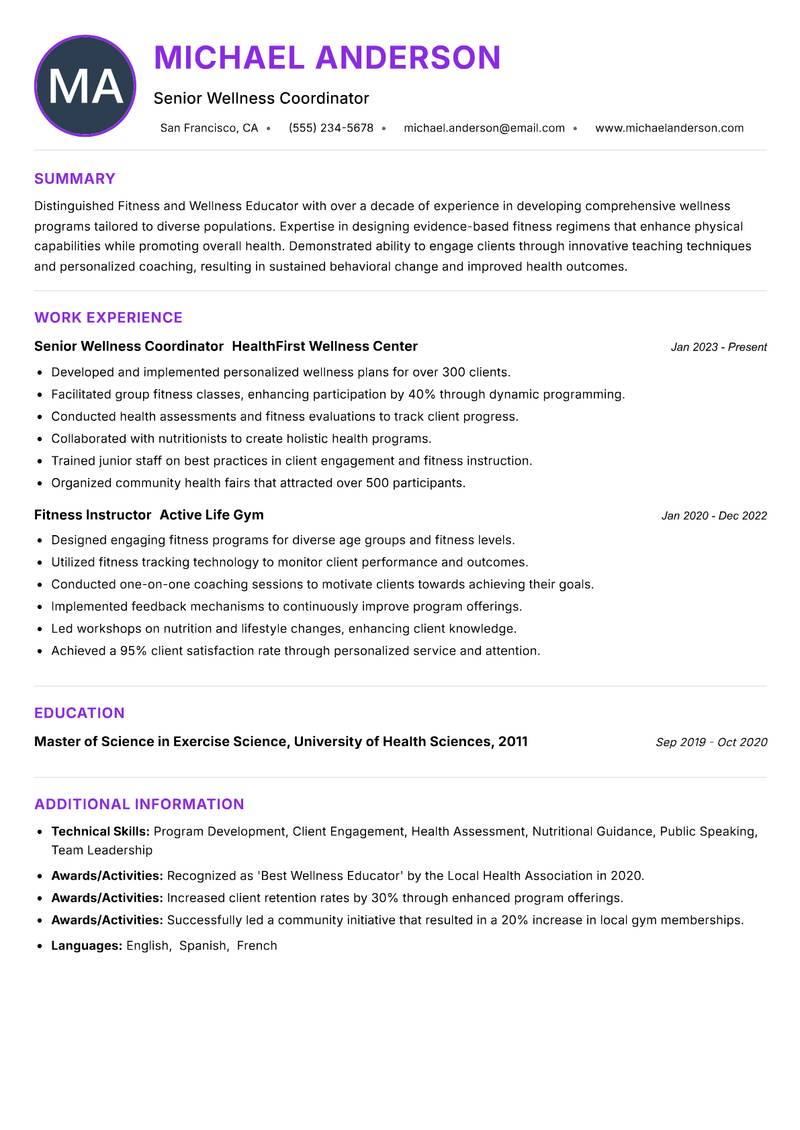 Fitness and Wellness Educator resume example — ATS-friendly template