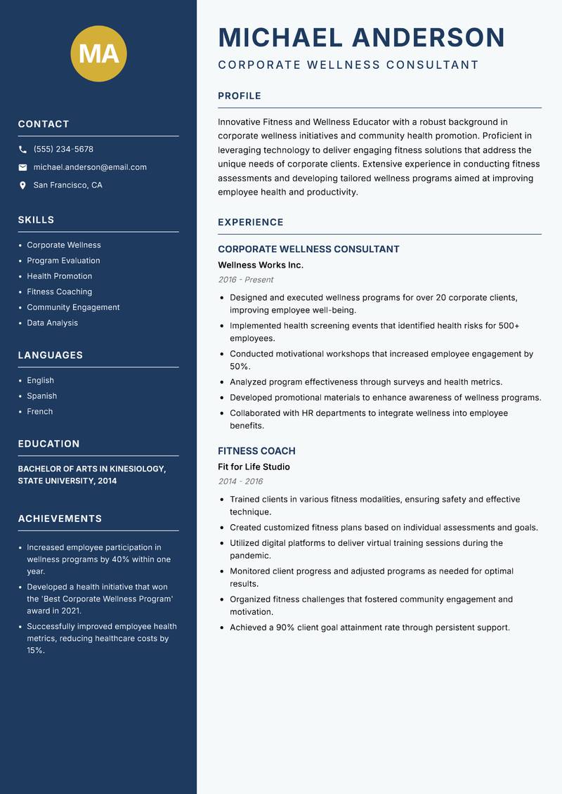Fitness and Wellness Educator resume template — Classic Clean