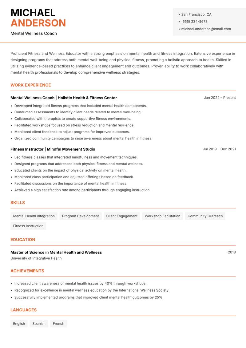 Fitness and Wellness Educator resume template — Modern Professional
