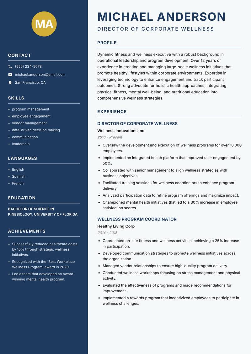 Fitness and Wellness Executive resume template — Classic Clean