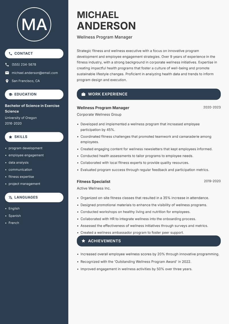 Fitness and Wellness Executive resume template — Compact