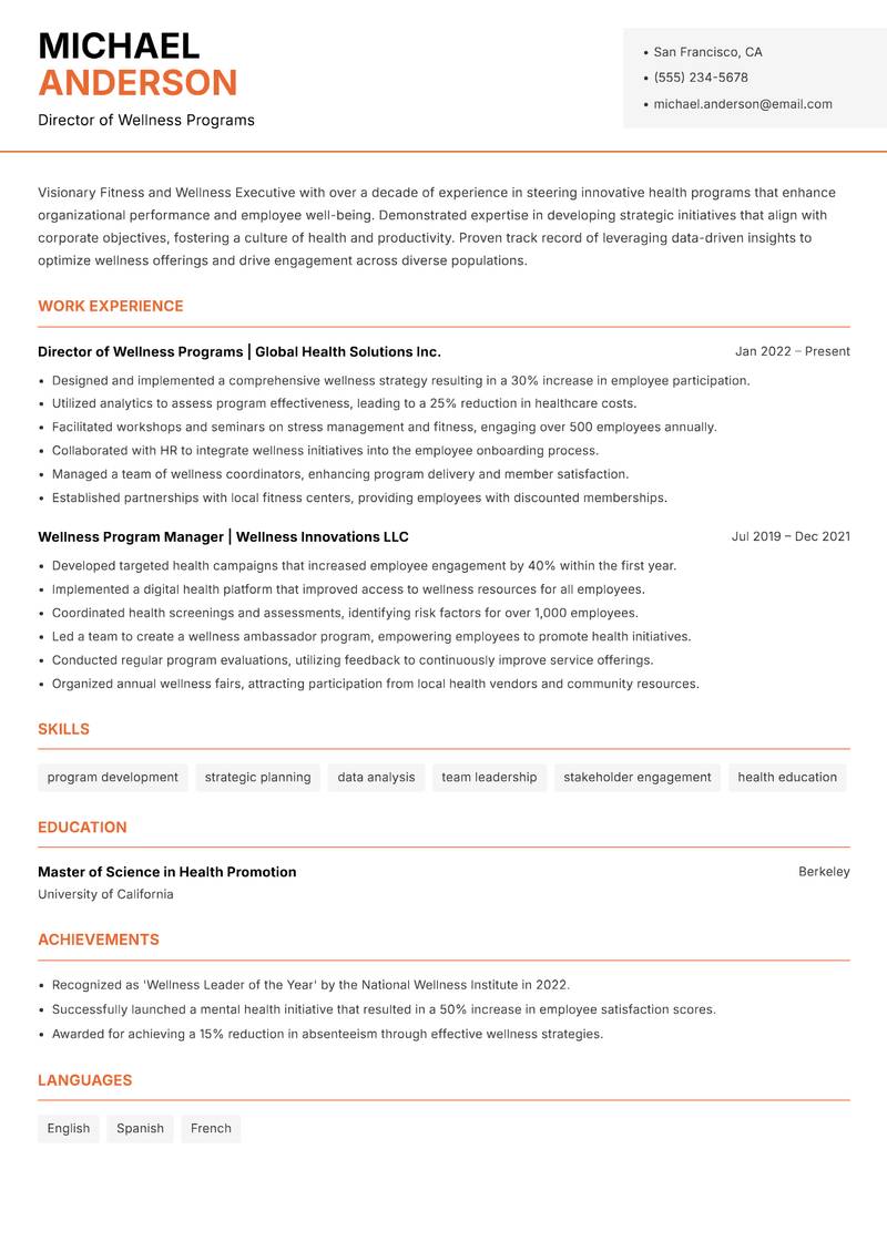 Fitness and Wellness Executive resume template — Modern Professional