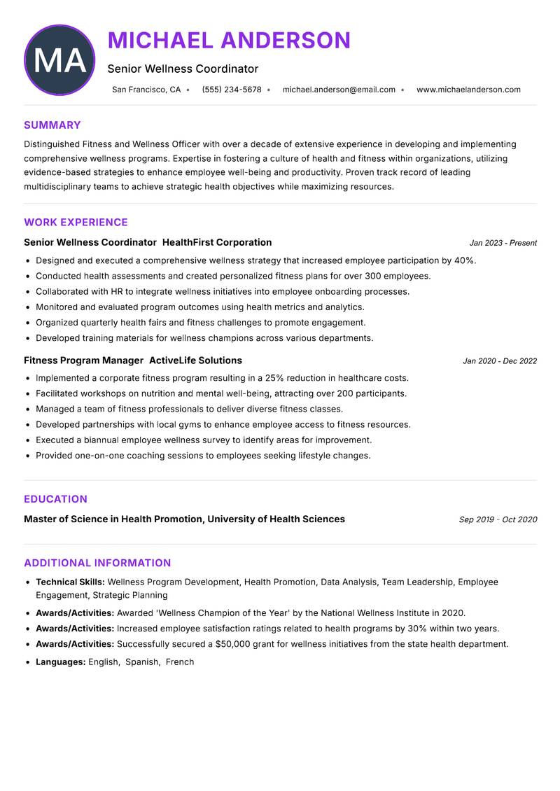 Fitness and Wellness Officer resume example — ATS-friendly template
