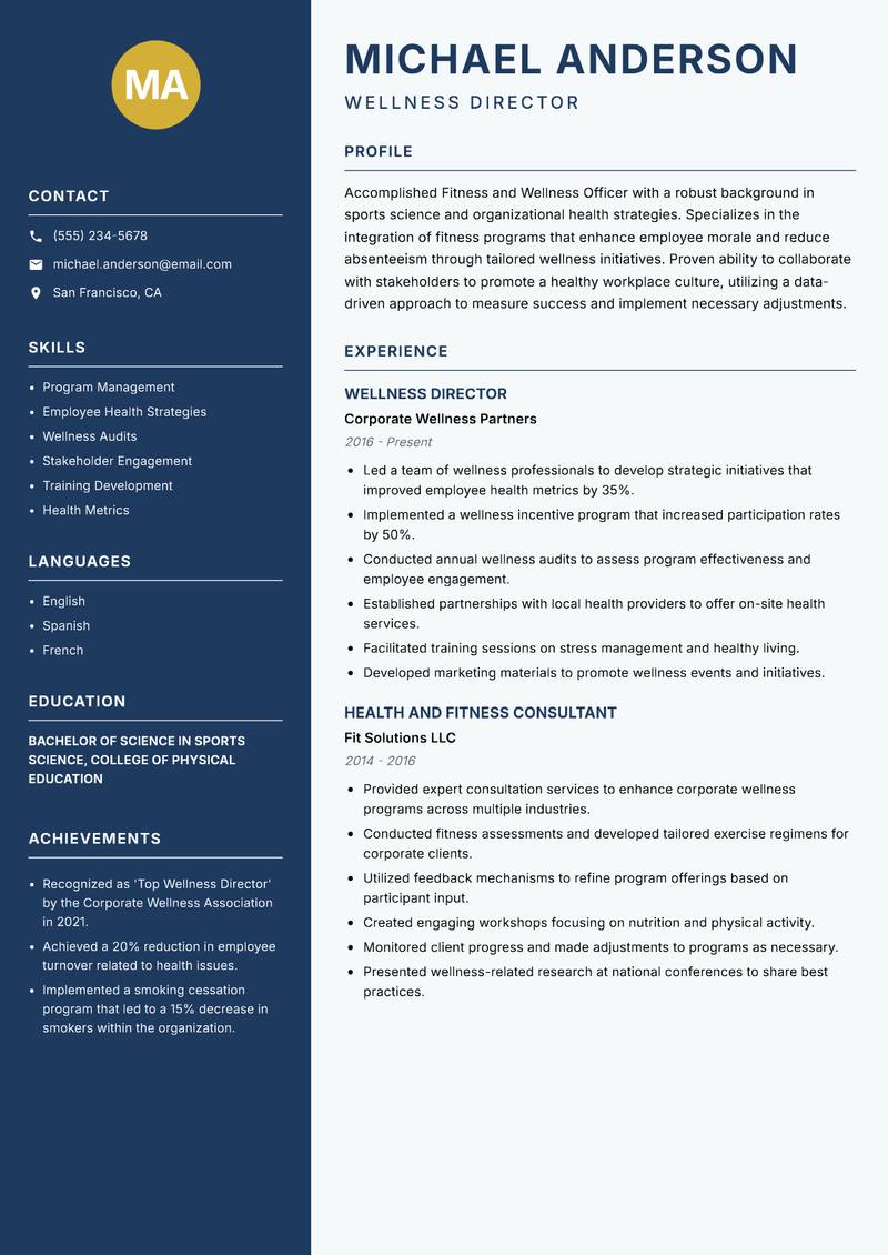 Fitness and Wellness Officer resume template — Classic Clean