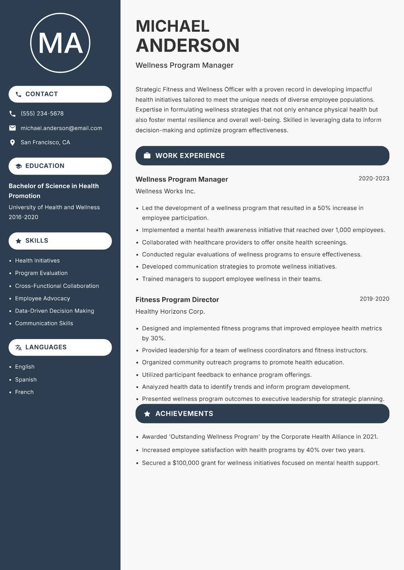 Fitness and Wellness Officer resume template — Compact
