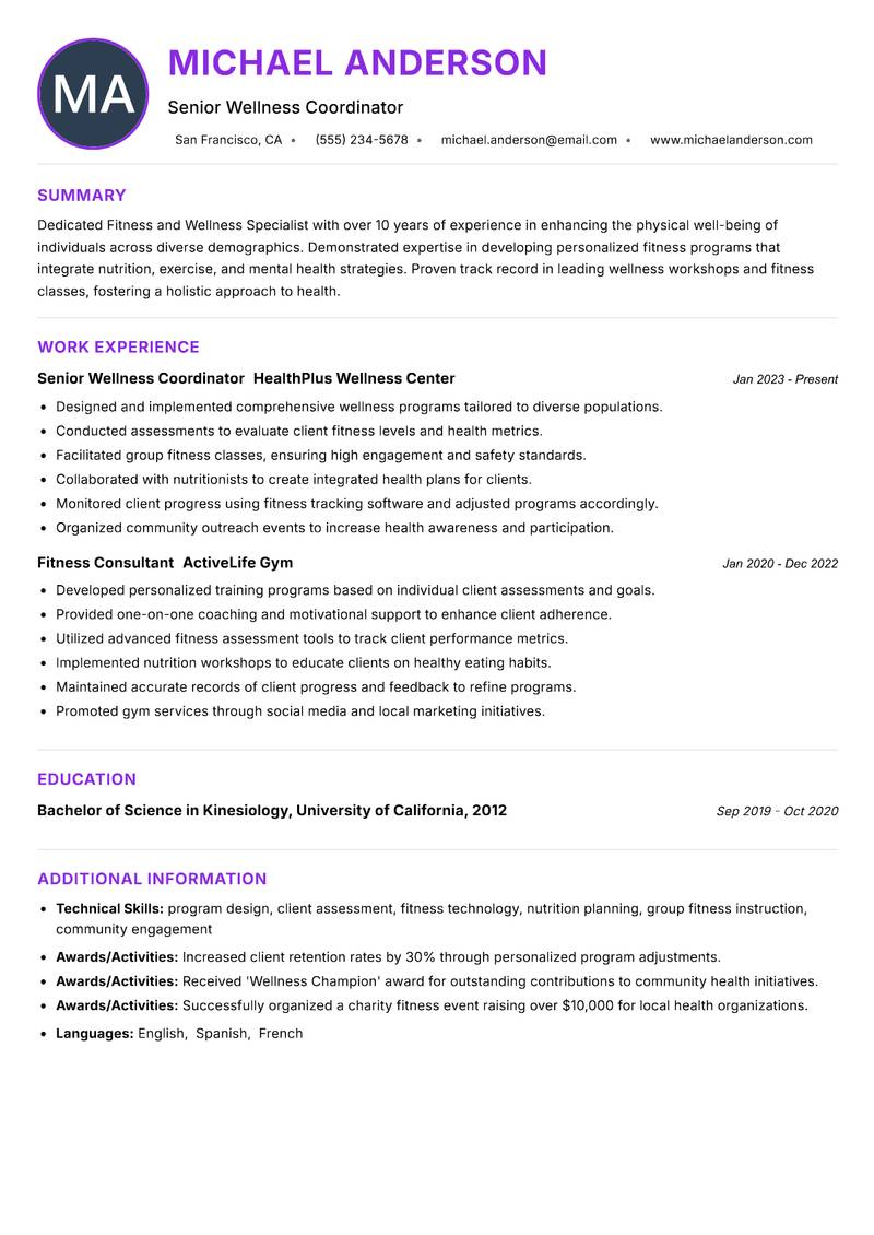 Fitness and Wellness Specialist resume example — ATS-friendly template