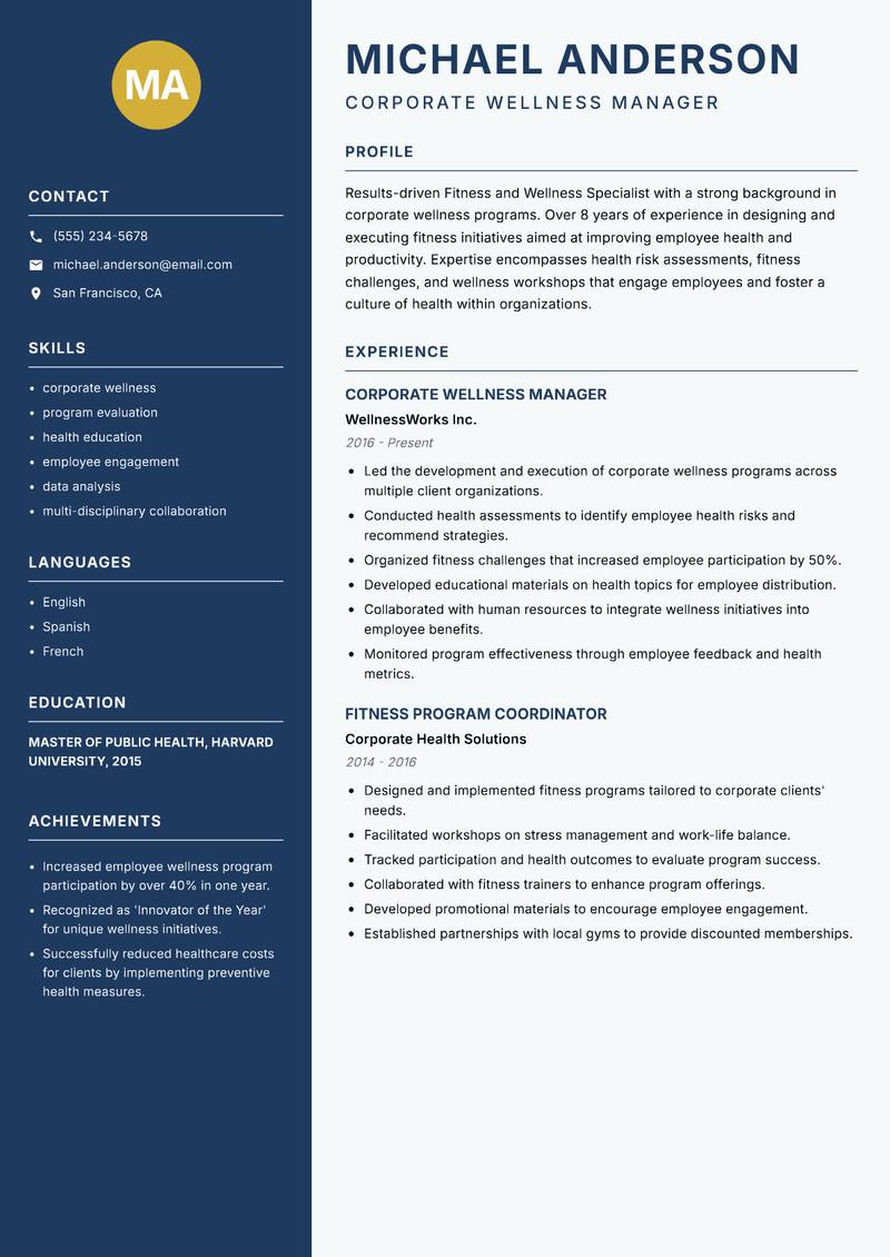 Fitness and Wellness Specialist resume template — Classic Clean