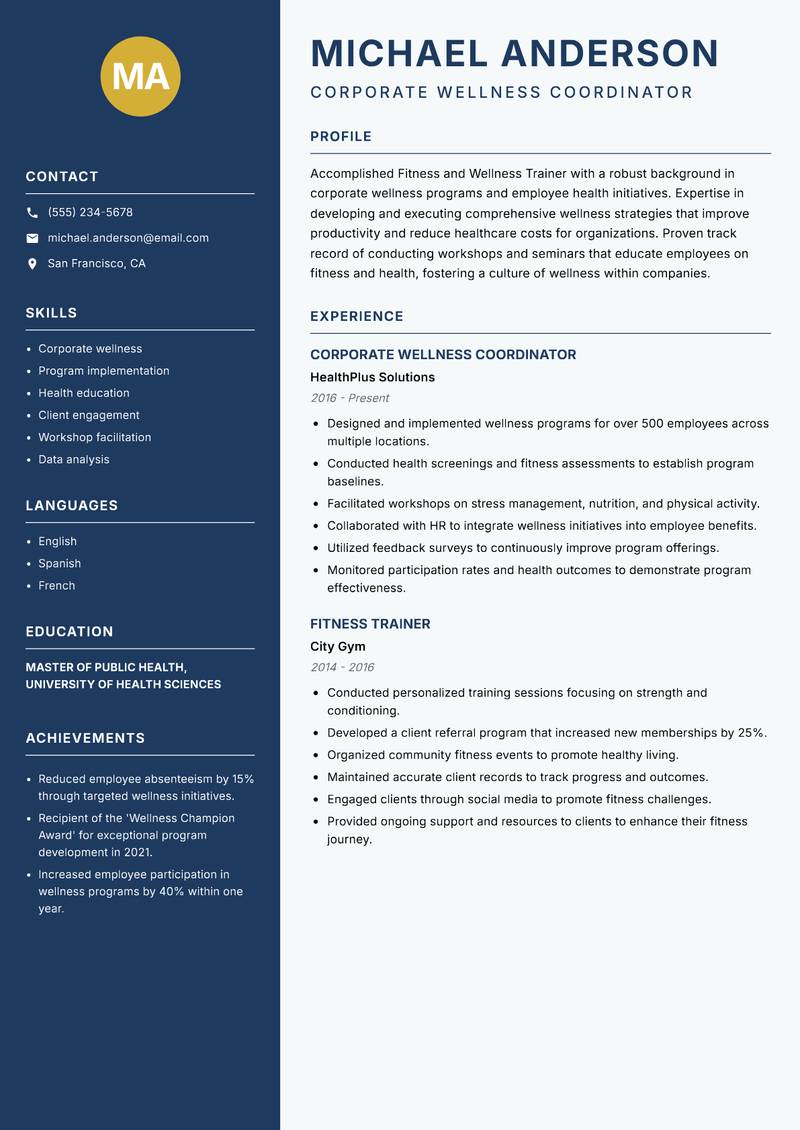 Fitness and Wellness Trainer resume template — Classic Clean