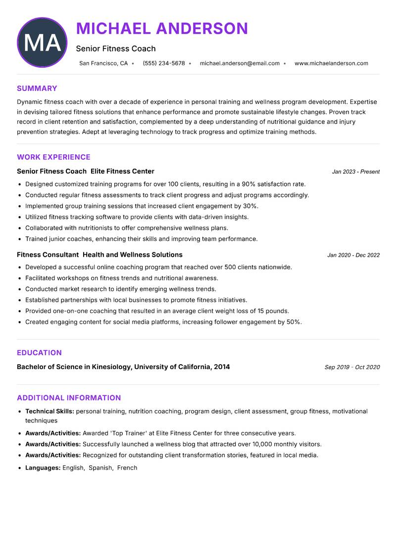 Fitness Coach resume example — ATS-friendly template