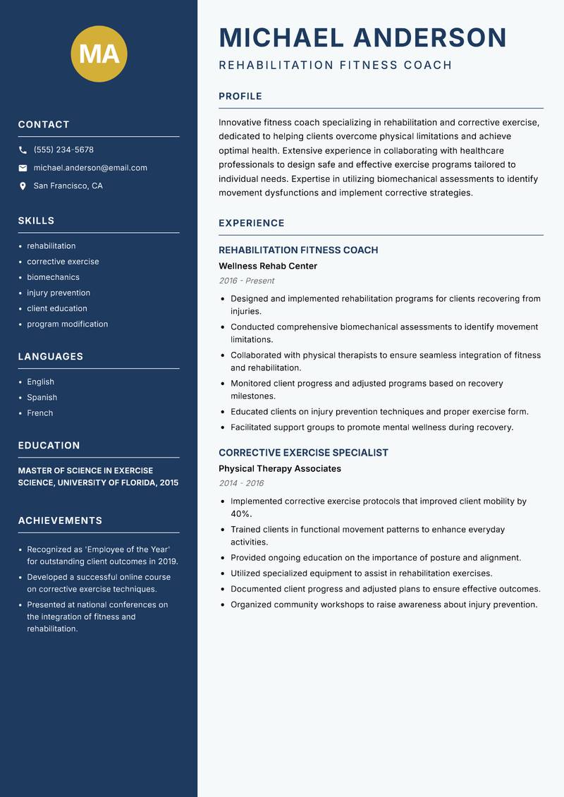 Fitness Coach resume template — Classic Clean