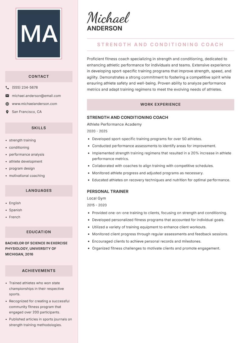Fitness Coach resume template — Executive