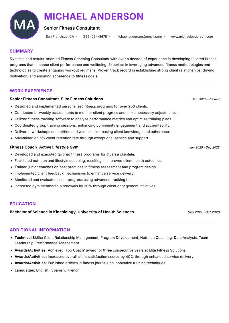 Fitness Coaching Consultant resume example — ATS-friendly template