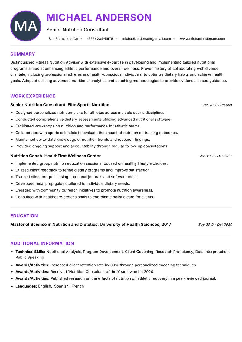Fitness Nutrition Advisor resume example — ATS-friendly template