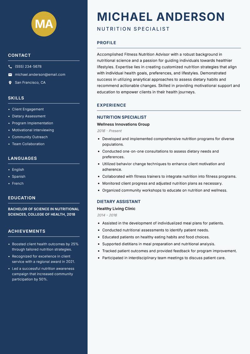 Fitness Nutrition Advisor resume template — Classic Clean