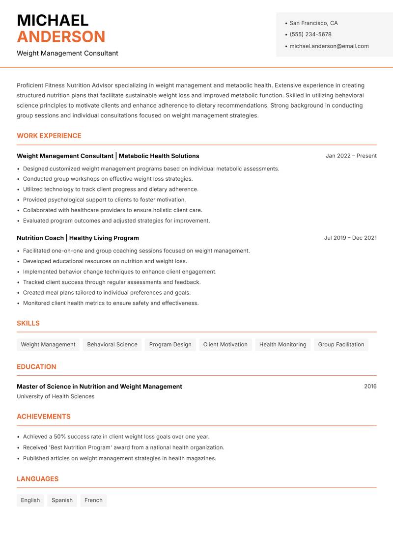 Fitness Nutrition Advisor resume template — Modern Professional