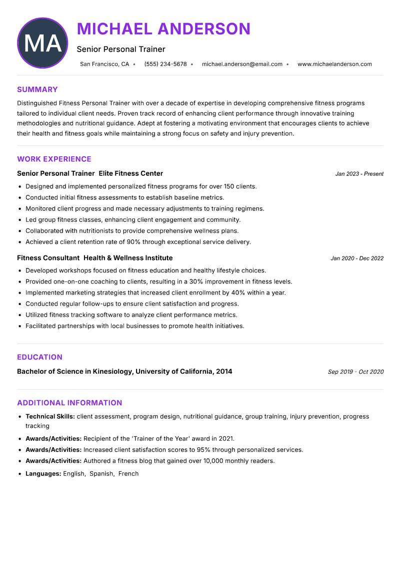 Fitness Personal Trainer resume example — ATS-friendly template