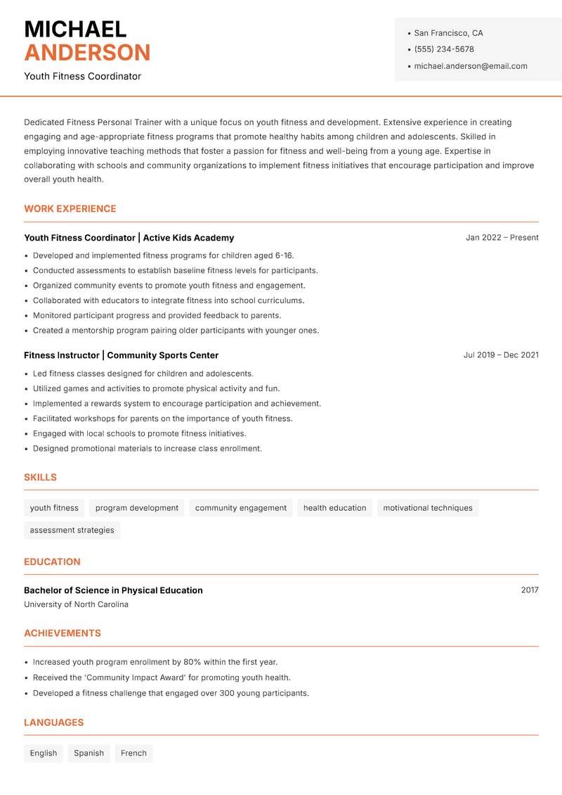 Fitness Personal Trainer resume template — Modern Professional