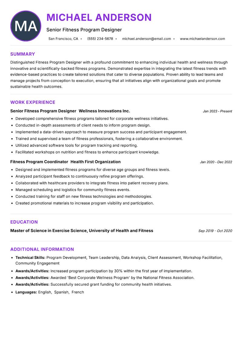 Fitness Program Designer resume example — ATS-friendly template