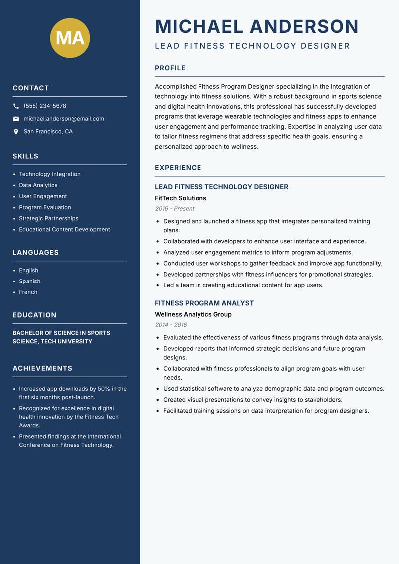 Fitness Program Designer resume template — Classic Clean