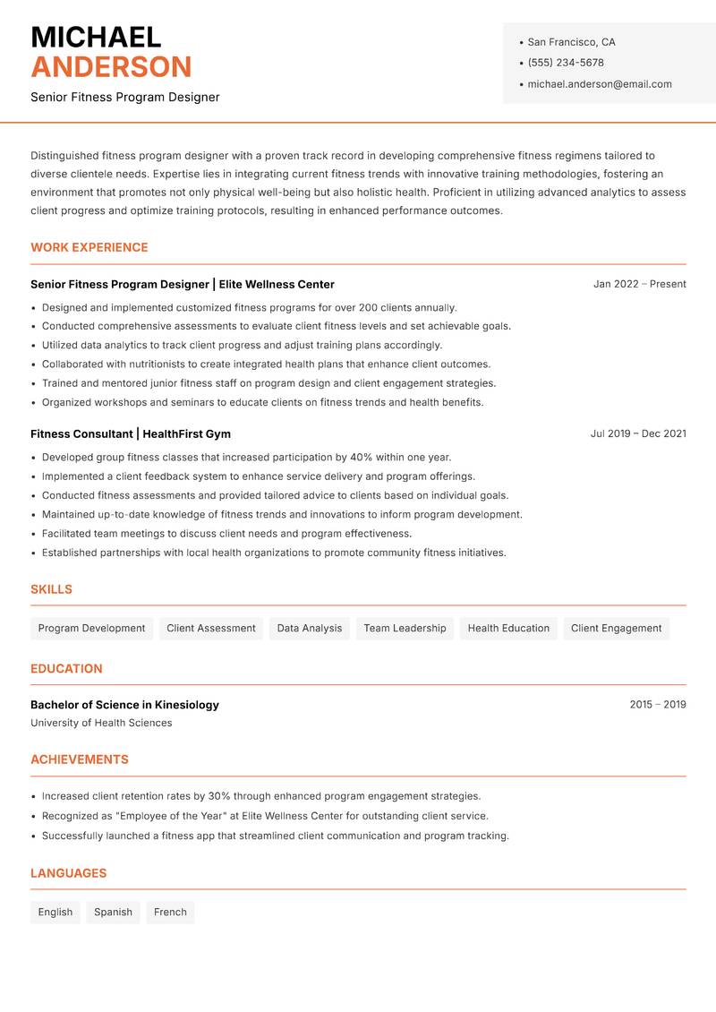 Fitness Program Designer resume template — Modern Professional