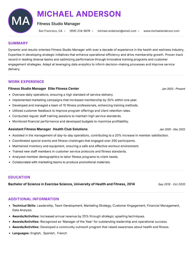 Fitness Studio Manager resume example — ATS-friendly template